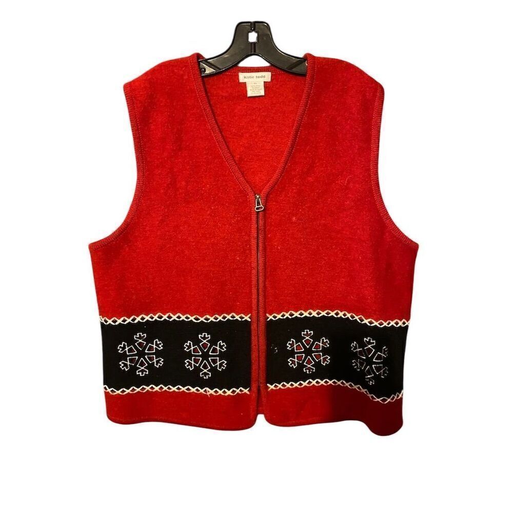 Katie Todd Women's Red Wool Knit Floral Vest XL Zip Sleeveless